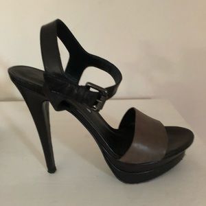 Open toe strapped gray and black high heel shoes